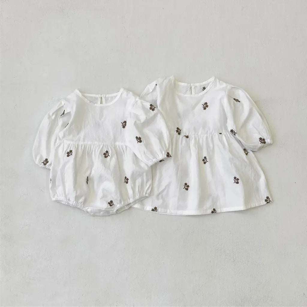 長袖ロンパース 小花刺繍パフスリーブロンパース【mh0011127】