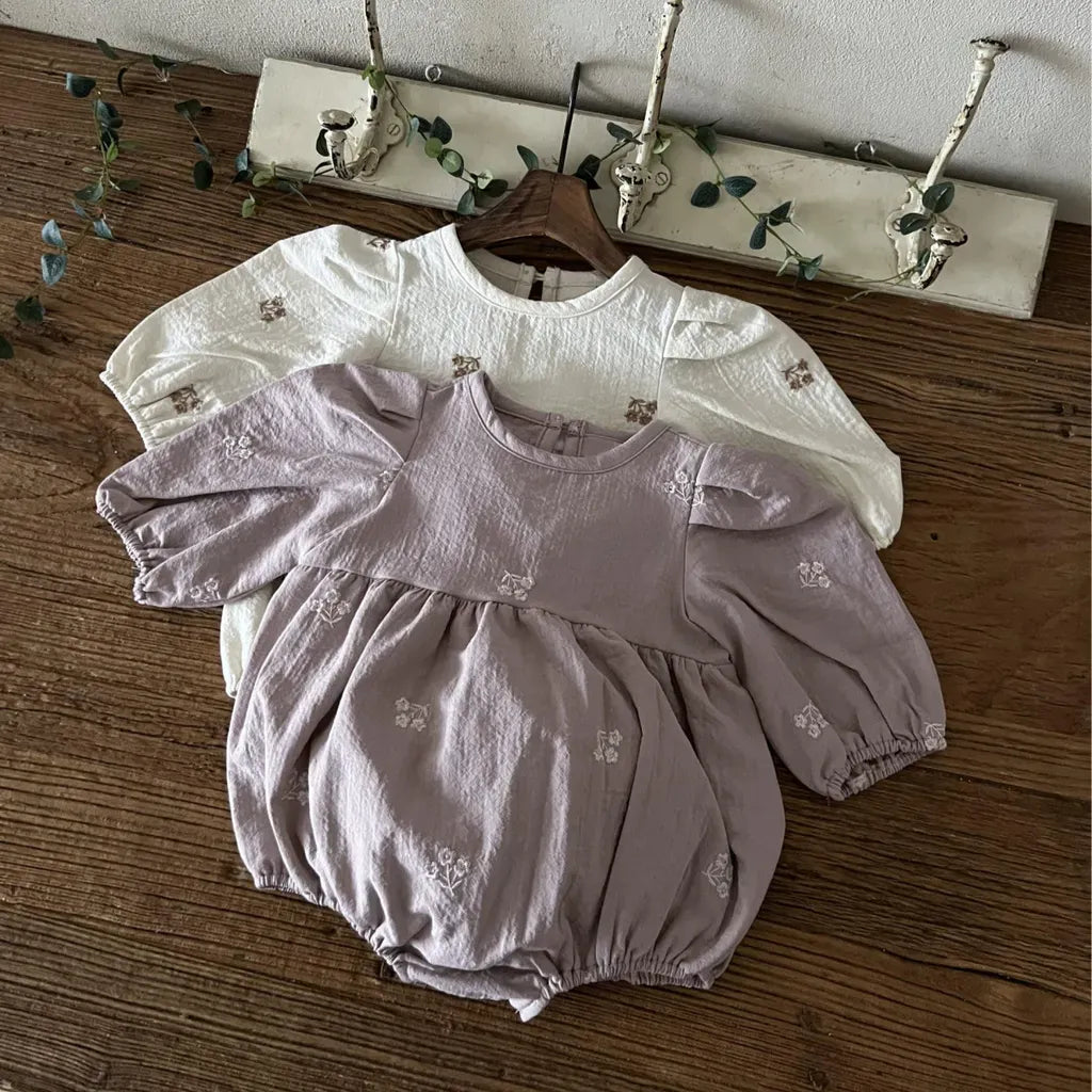 長袖ロンパース 小花刺繍パフスリーブロンパース【mh0011127】