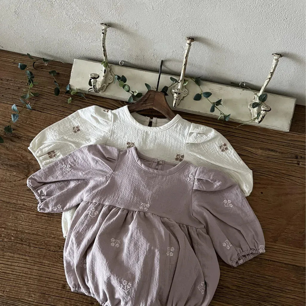 長袖ロンパース 小花刺繍パフスリーブロンパース【mh0011127】