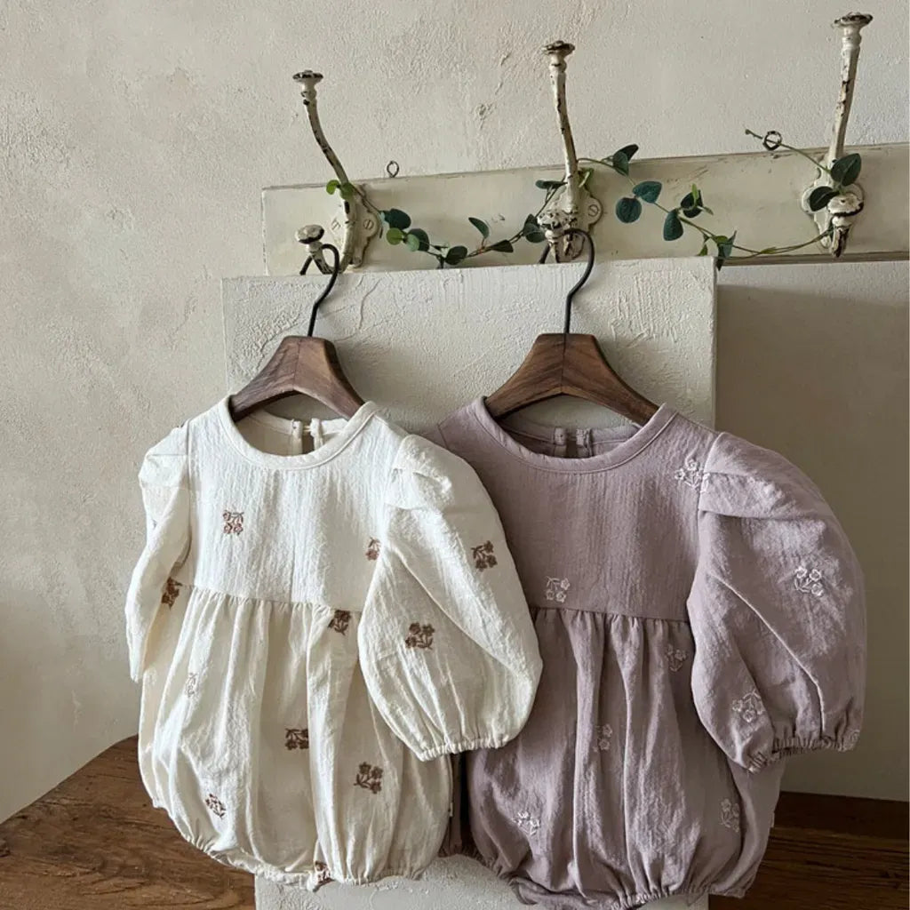 長袖ロンパース 小花刺繍パフスリーブロンパース【mh0011127】