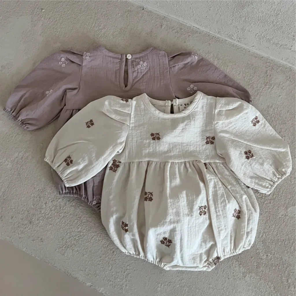 長袖ロンパース 小花刺繍パフスリーブロンパース【mh0011127】