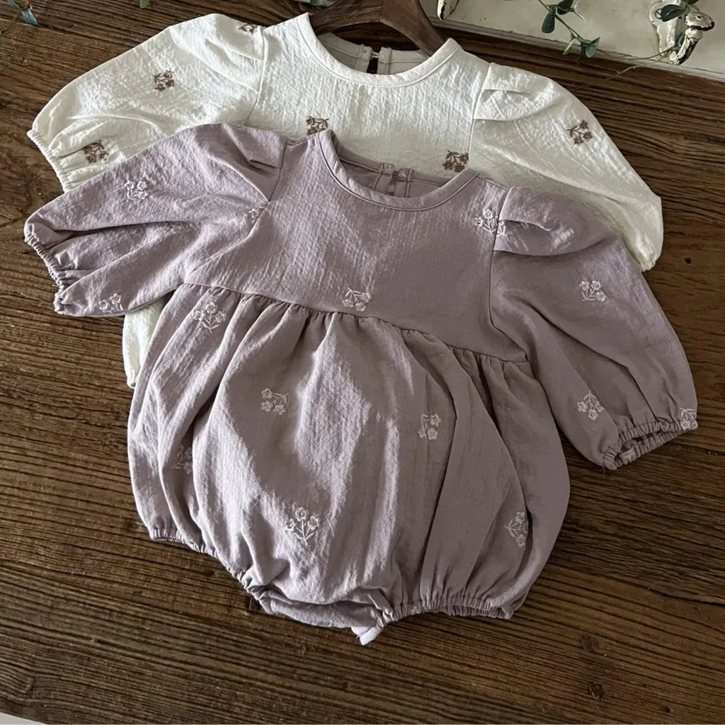 長袖ロンパース 小花刺繍パフスリーブロンパース【mh0011127】