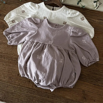 長袖ロンパース 小花刺繍パフスリーブロンパース【mh0011127】