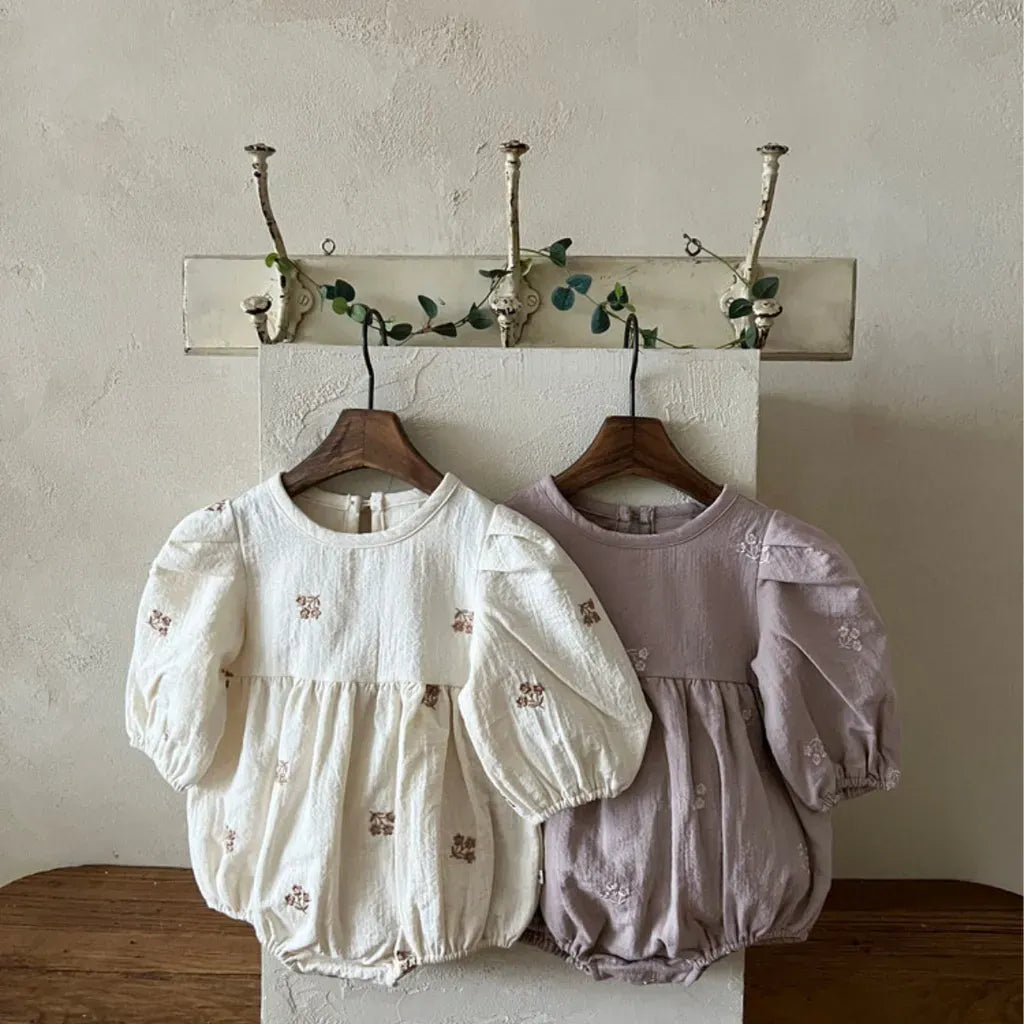 長袖ロンパース 小花刺繍パフスリーブロンパース【mh0011127】