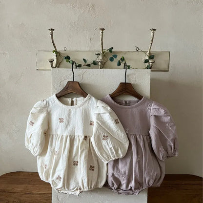 長袖ロンパース 小花刺繍パフスリーブロンパース【mh0011127】