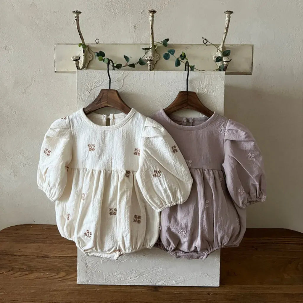 長袖ロンパース 小花刺繍パフスリーブロンパース【mh0011127】