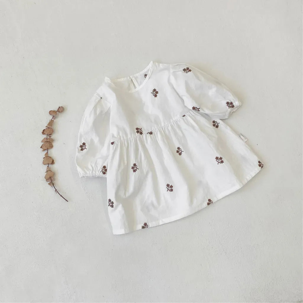 長袖ワンピース 小花刺繍パフスリーブワンピース【mh0011128】