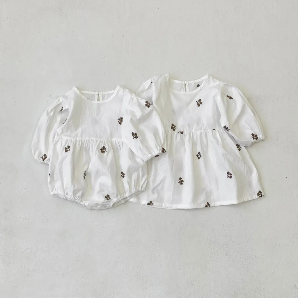 長袖ワンピース 小花刺繍パフスリーブワンピース【mh0011128】