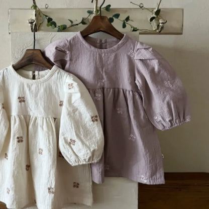 長袖ワンピース 小花刺繍パフスリーブワンピース【mh0011128】