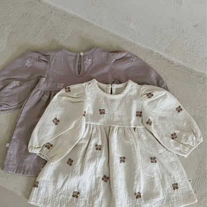 長袖ワンピース 小花刺繍パフスリーブワンピース【mh0011128】