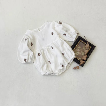 長袖ワンピース 小花刺繍パフスリーブワンピース【mh0011128】