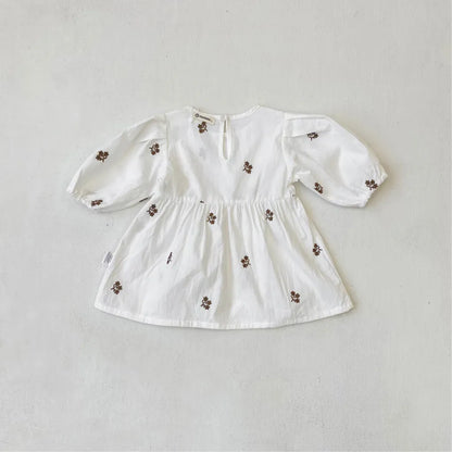 長袖ワンピース 小花刺繍パフスリーブワンピース【mh0011128】