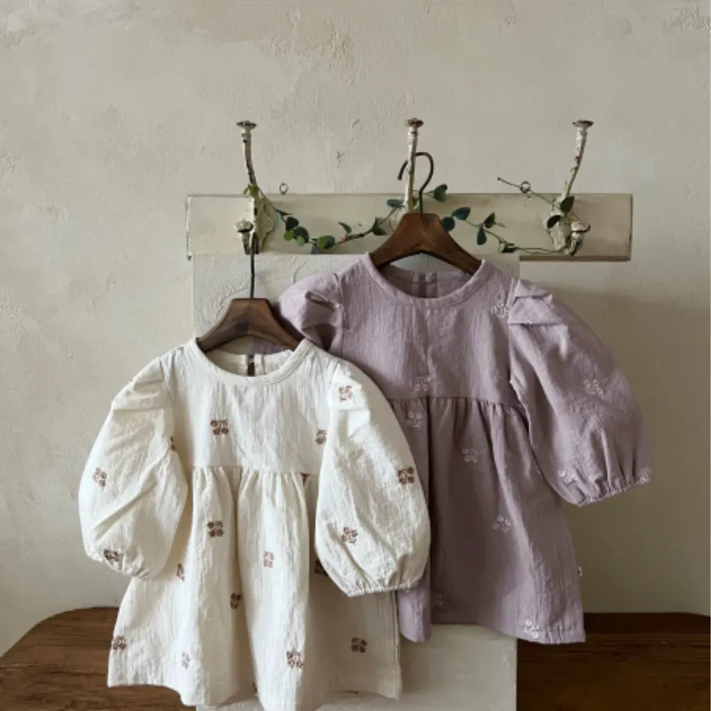 長袖ワンピース 小花刺繍パフスリーブワンピース【mh0011128】