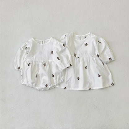 長袖ワンピース 小花刺繍パフスリーブワンピース【mh0011128】