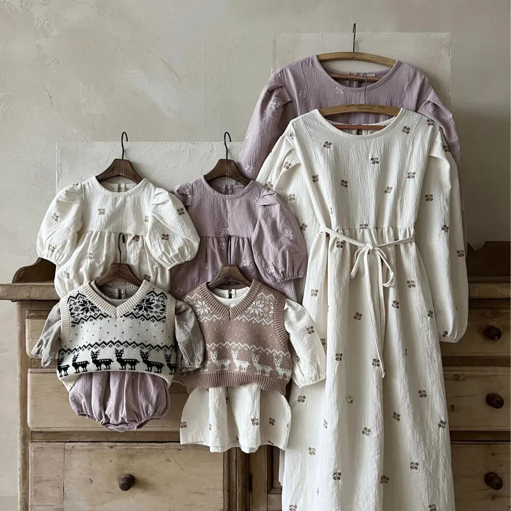 長袖ワンピース 小花刺繍パフスリーブワンピース【mh0011128】