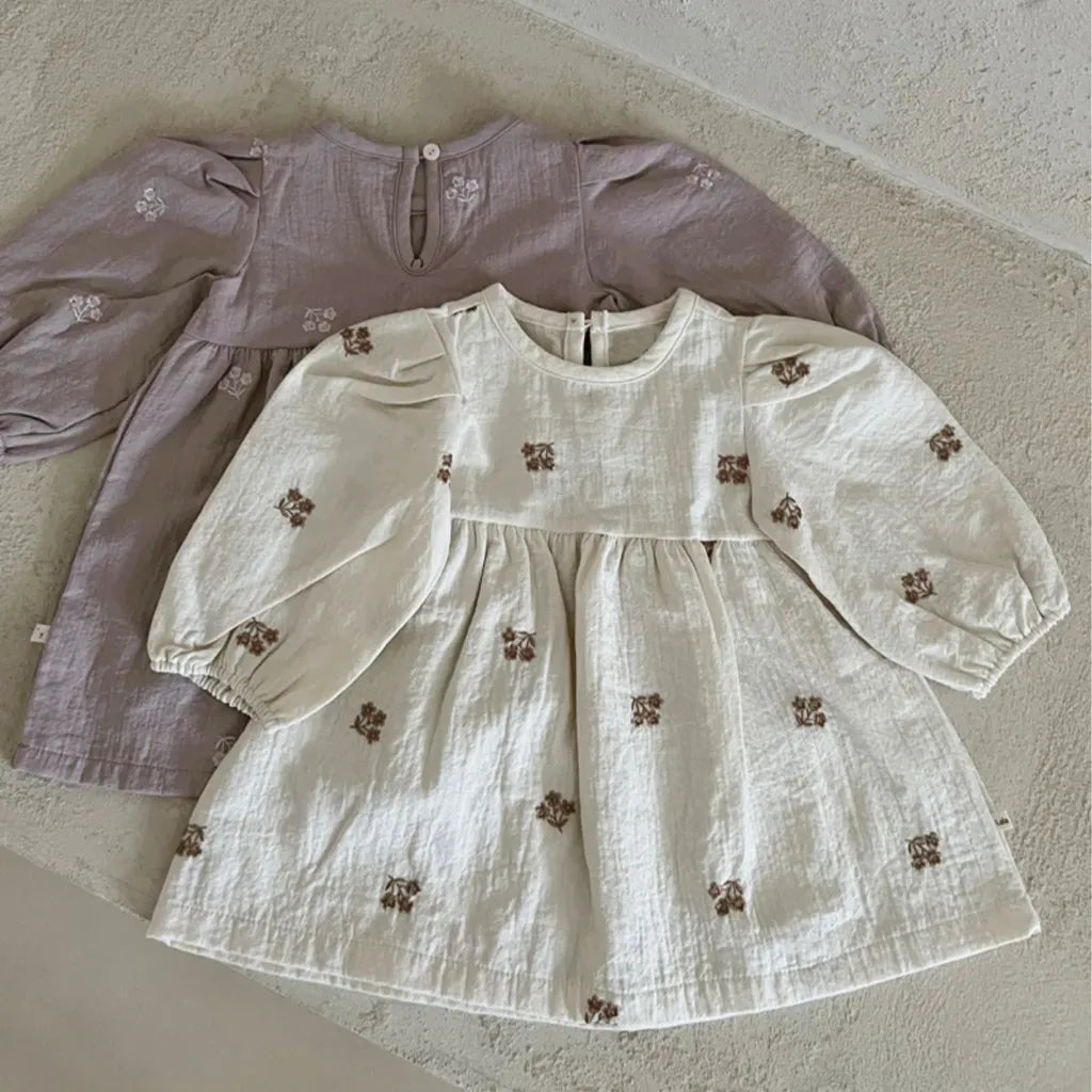 長袖ワンピース 小花刺繍パフスリーブワンピース【mh0011128】