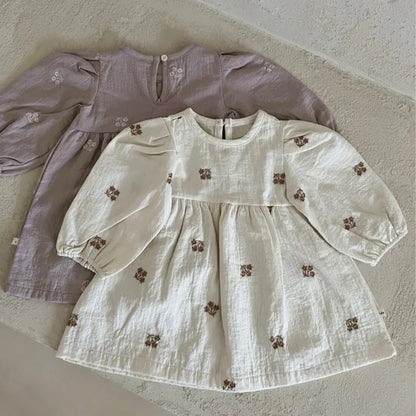 長袖ワンピース 小花刺繍パフスリーブワンピース【mh0011128】