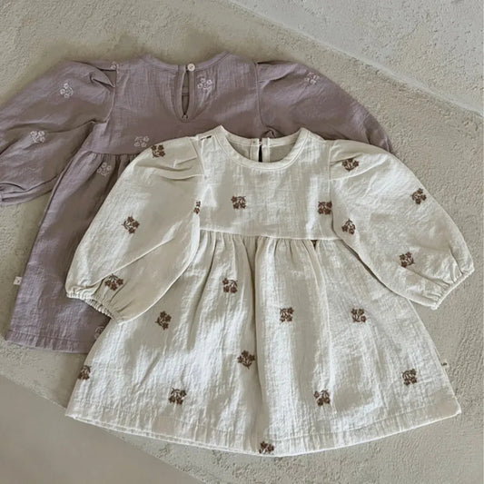 長袖ワンピース 小花刺繍パフスリーブワンピース【mh0011128】