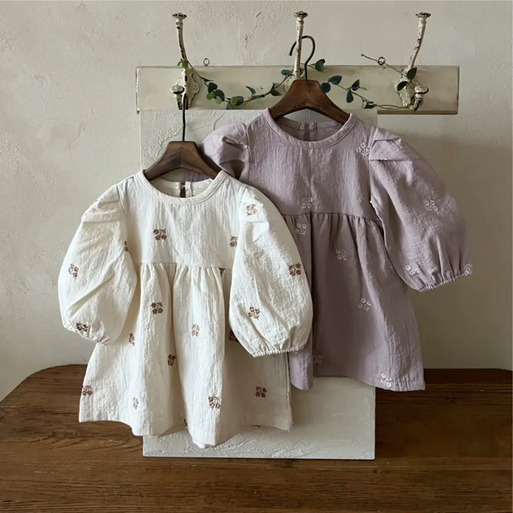 長袖ワンピース 小花刺繍パフスリーブワンピース【mh0011128】