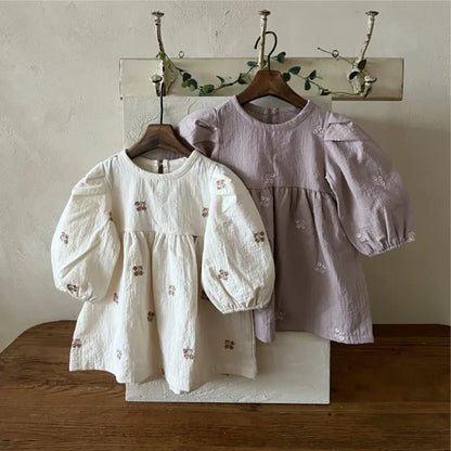 長袖ワンピース 小花刺繍パフスリーブワンピース【mh0011128】