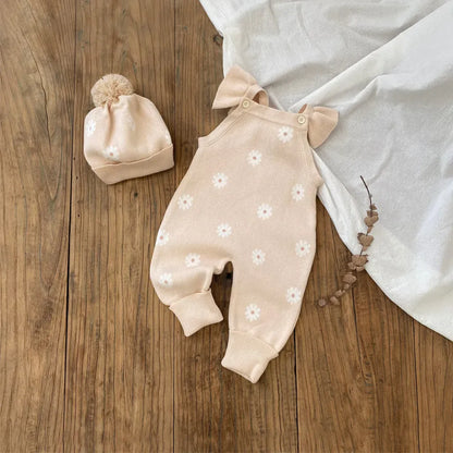 ノースリーブジャンプスーツ デイジーニットノースリーブロンパース+ニット帽セット 【mh0011130】