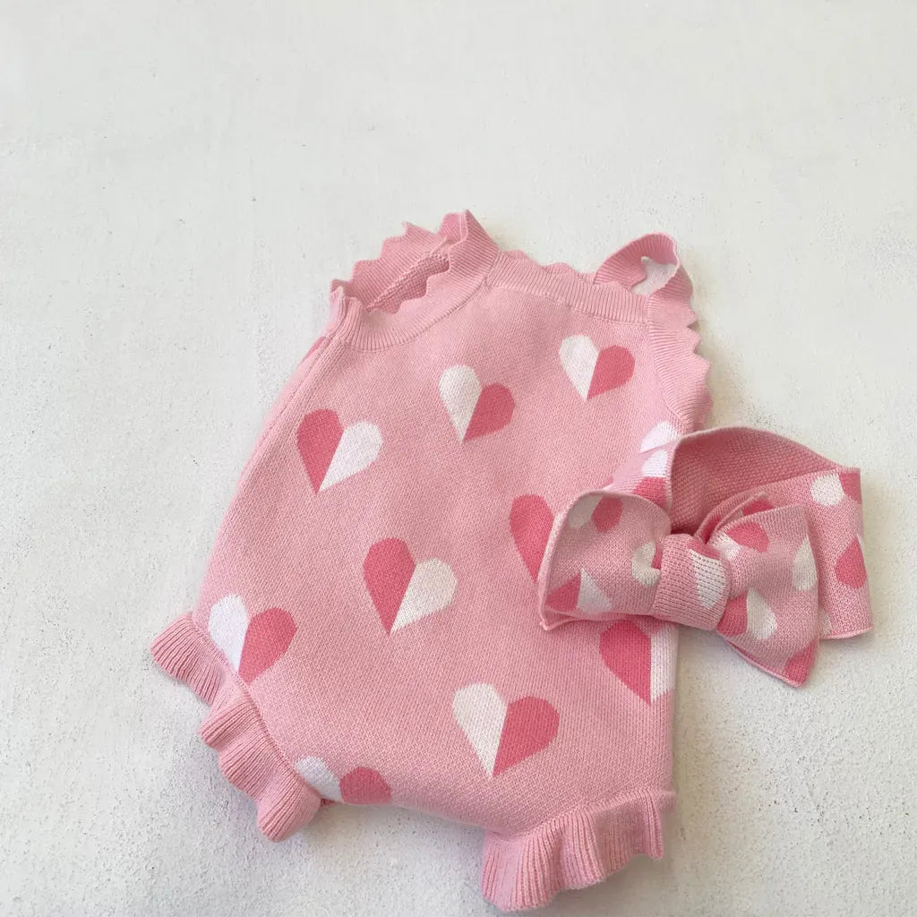 ノースリーブロンパース ハートジャガードニットロンパース+ヘアバンドセット【mh0011131】