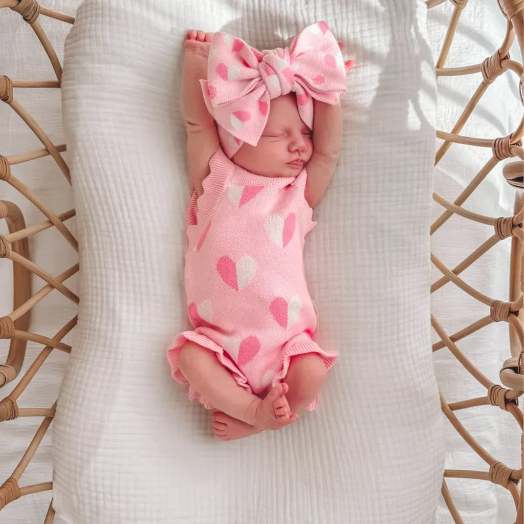 ノースリーブロンパース ハートジャガードニットロンパース+ヘアバンドセット【mh0011131】