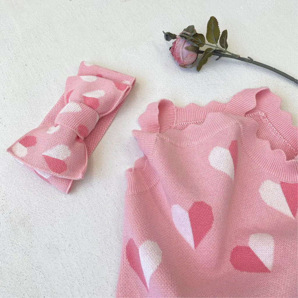 ノースリーブロンパース ハートジャガードニットロンパース+ヘアバンドセット【mh0011131】