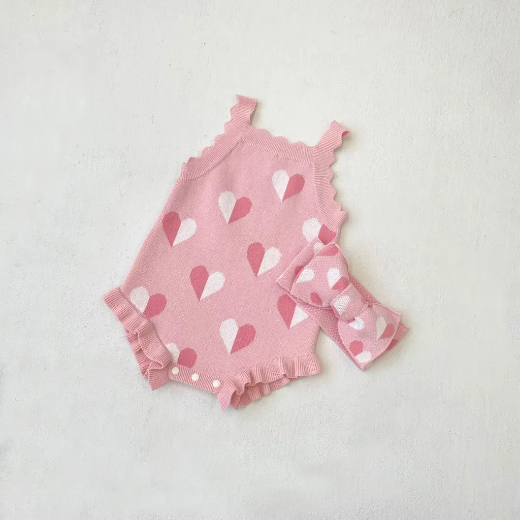 ノースリーブロンパース ハートジャガードニットロンパース+ヘアバンドセット【mh0011131】