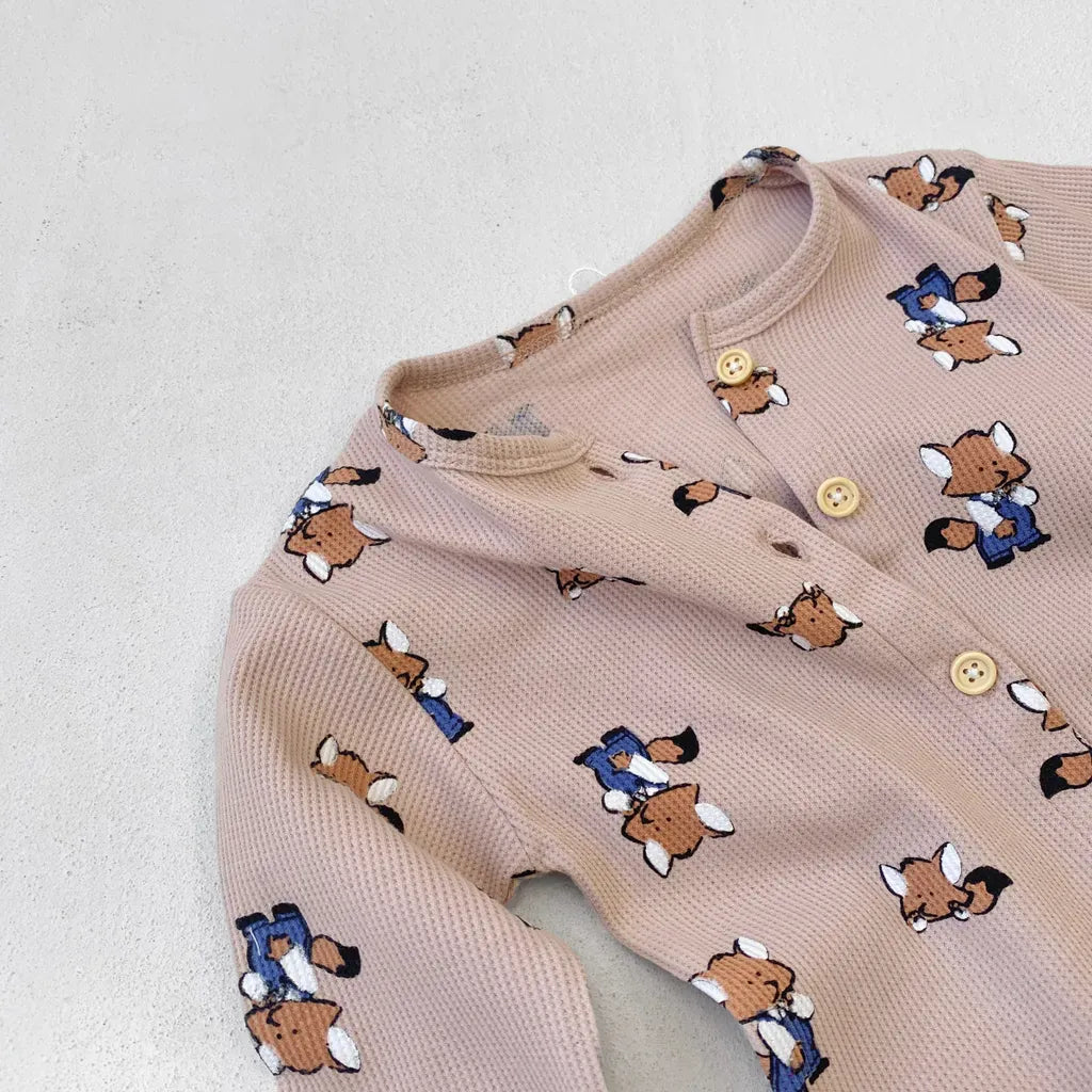 長袖ロンパース ワッフルアニマルロンパース+耳つきニット帽セット【mh0011132】