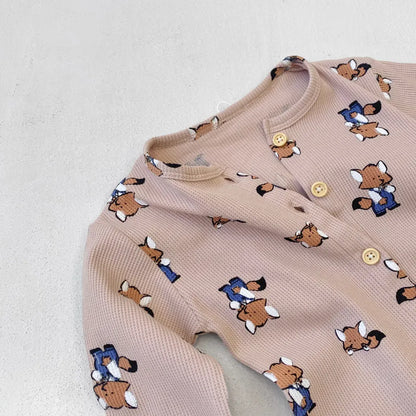 長袖ロンパース ワッフルアニマルロンパース+耳つきニット帽セット【mh0011132】