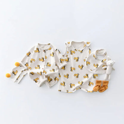 長袖ロンパース ワッフルアニマルロンパース+耳つきニット帽セット【mh0011132】