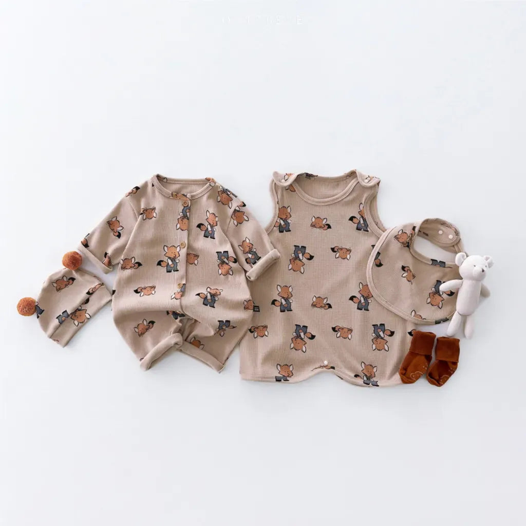 長袖ロンパース ワッフルアニマルロンパース+耳つきニット帽セット【mh0011132】