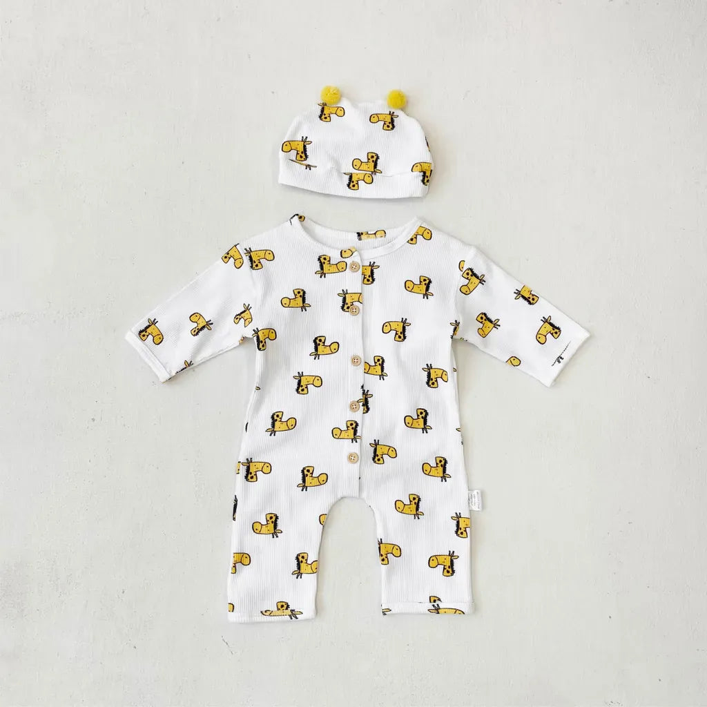 長袖ロンパース ワッフルアニマルロンパース+耳つきニット帽セット【mh0011132】