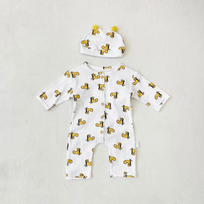 長袖ロンパース ワッフルアニマルロンパース+耳つきニット帽セット【mh0011132】