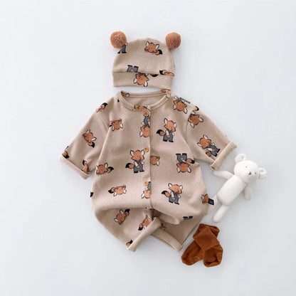 長袖ロンパース ワッフルアニマルロンパース+耳つきニット帽セット【mh0011132】