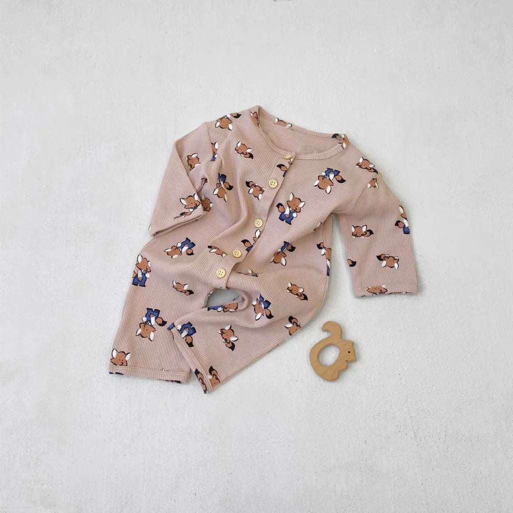 長袖ロンパース ワッフルアニマルロンパース+耳つきニット帽セット【mh0011132】