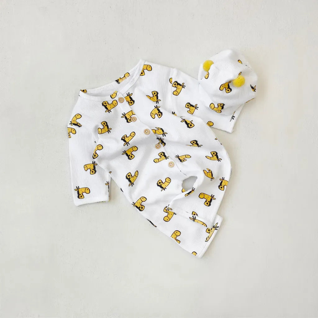 長袖ロンパース ワッフルアニマルロンパース+耳つきニット帽セット【mh0011132】