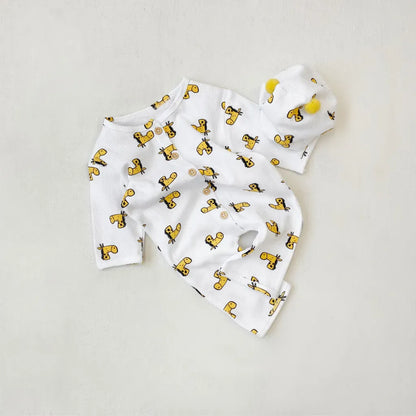 長袖ロンパース ワッフルアニマルロンパース+耳つきニット帽セット【mh0011132】