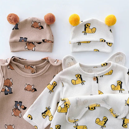 長袖ロンパース ワッフルアニマルロンパース+耳つきニット帽セット【mh0011132】