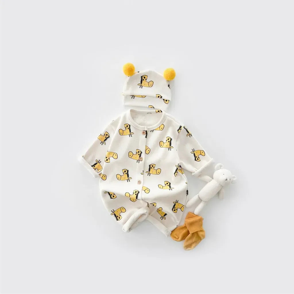 長袖ロンパース ワッフルアニマルロンパース+耳つきニット帽セット【mh0011132】