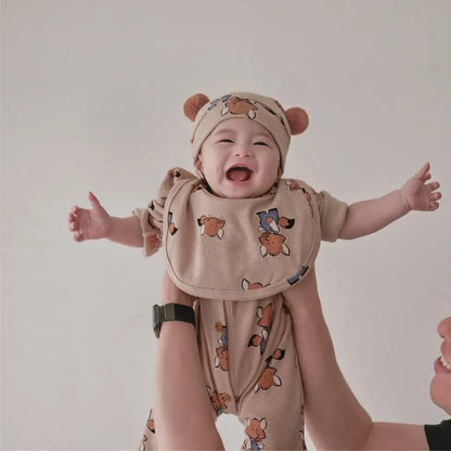 長袖ロンパース ワッフルアニマルロンパース+耳つきニット帽セット【mh0011132】