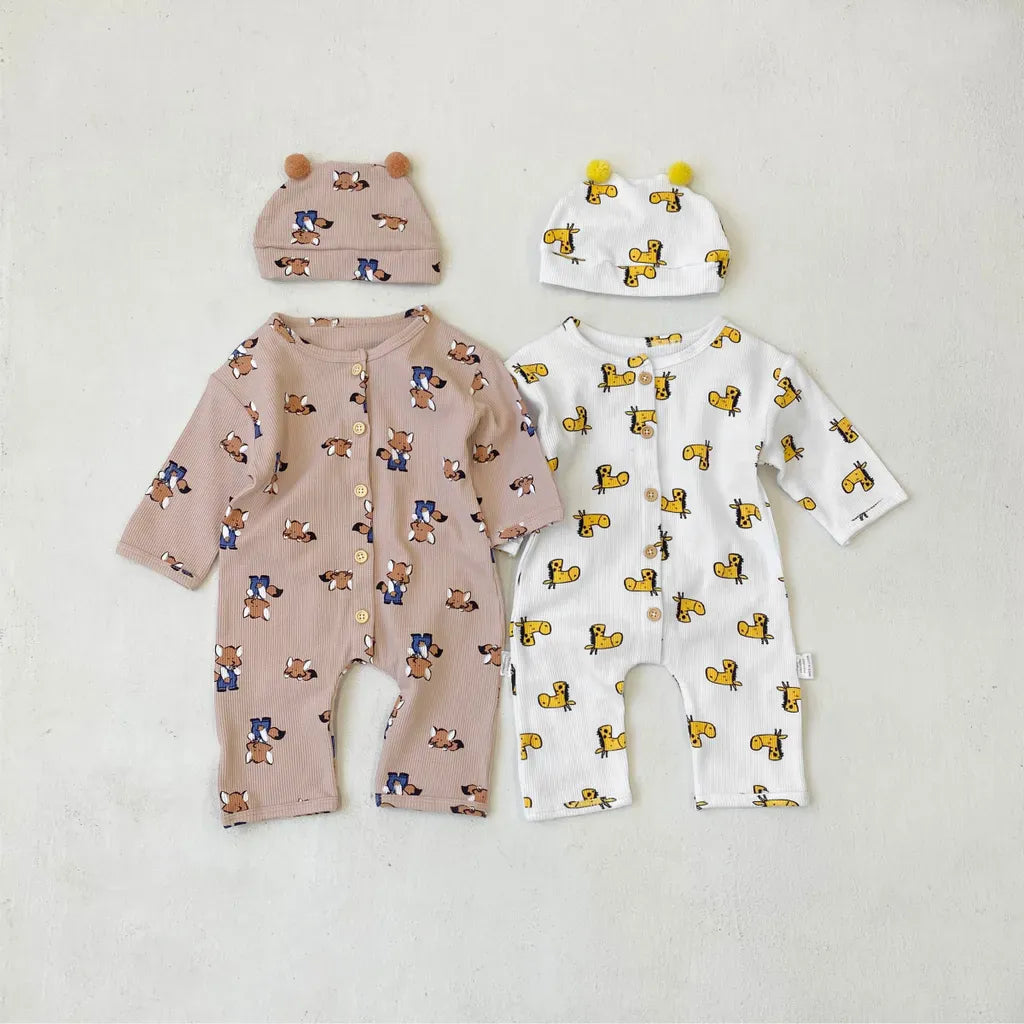 長袖ロンパース ワッフルアニマルロンパース+耳つきニット帽セット【mh0011132】