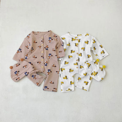 長袖ロンパース ワッフルアニマルロンパース+耳つきニット帽セット【mh0011132】