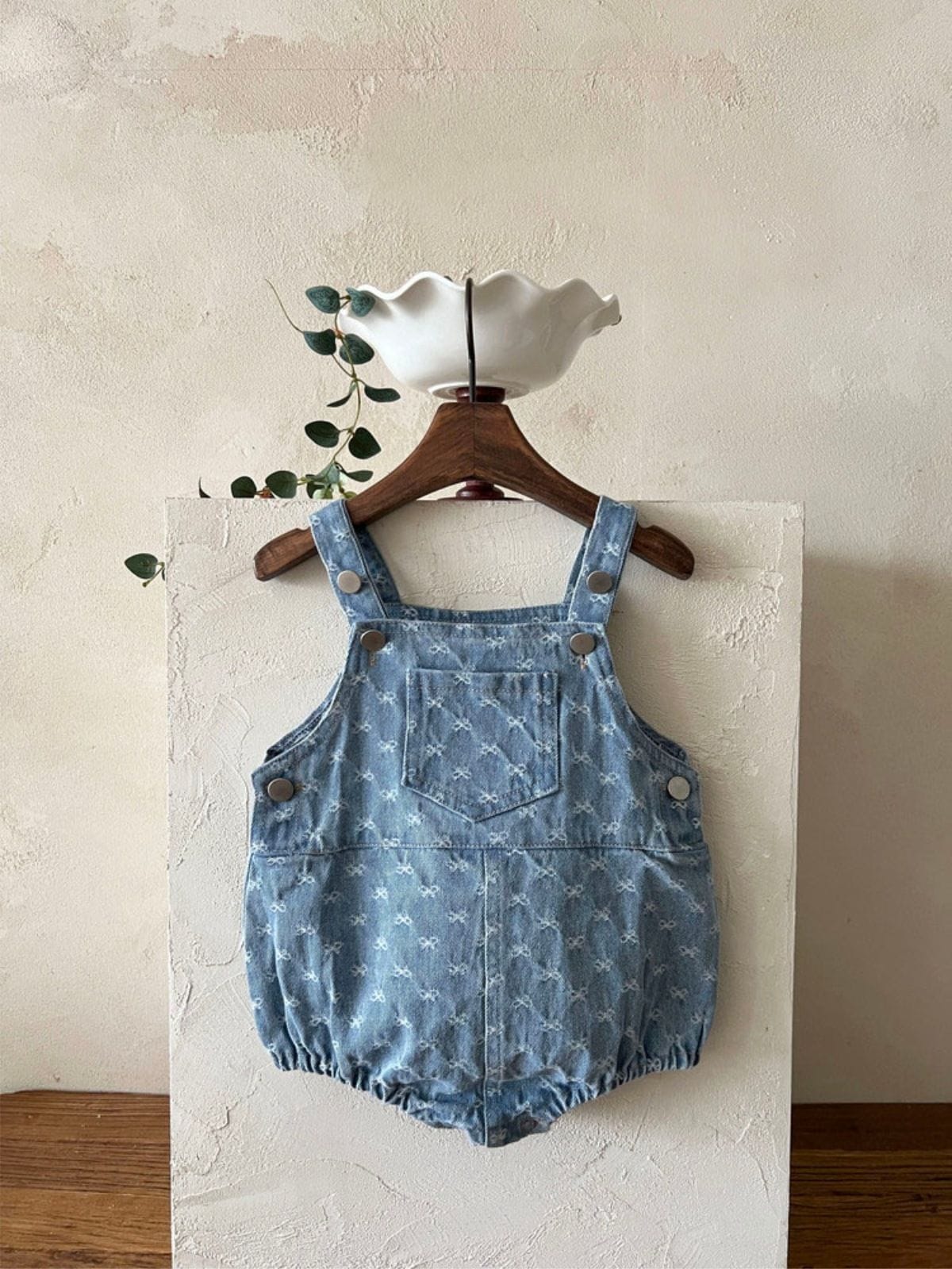 ノースリーブロンパース デニム サロペット ロンパース ジャガードリボン ポケット【mh0011352】