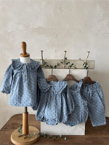 ノースリーブロンパース デニム サロペット ロンパース ジャガードリボン ポケット【mh0011352】