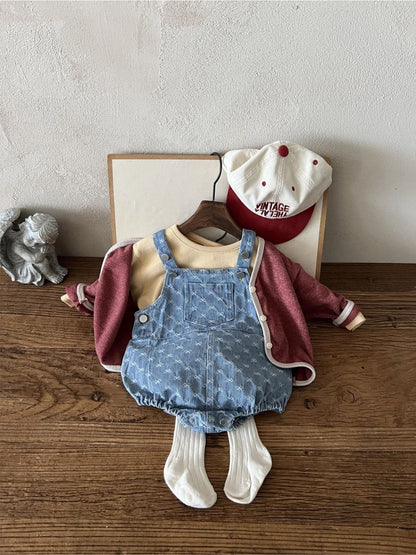 ノースリーブロンパース デニム サロペット ロンパース ジャガードリボン ポケット【mh0011352】