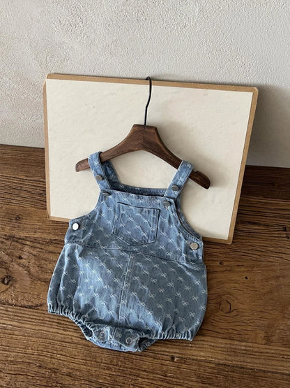 ノースリーブロンパース デニム サロペット ロンパース ジャガードリボン ポケット【mh0011352】