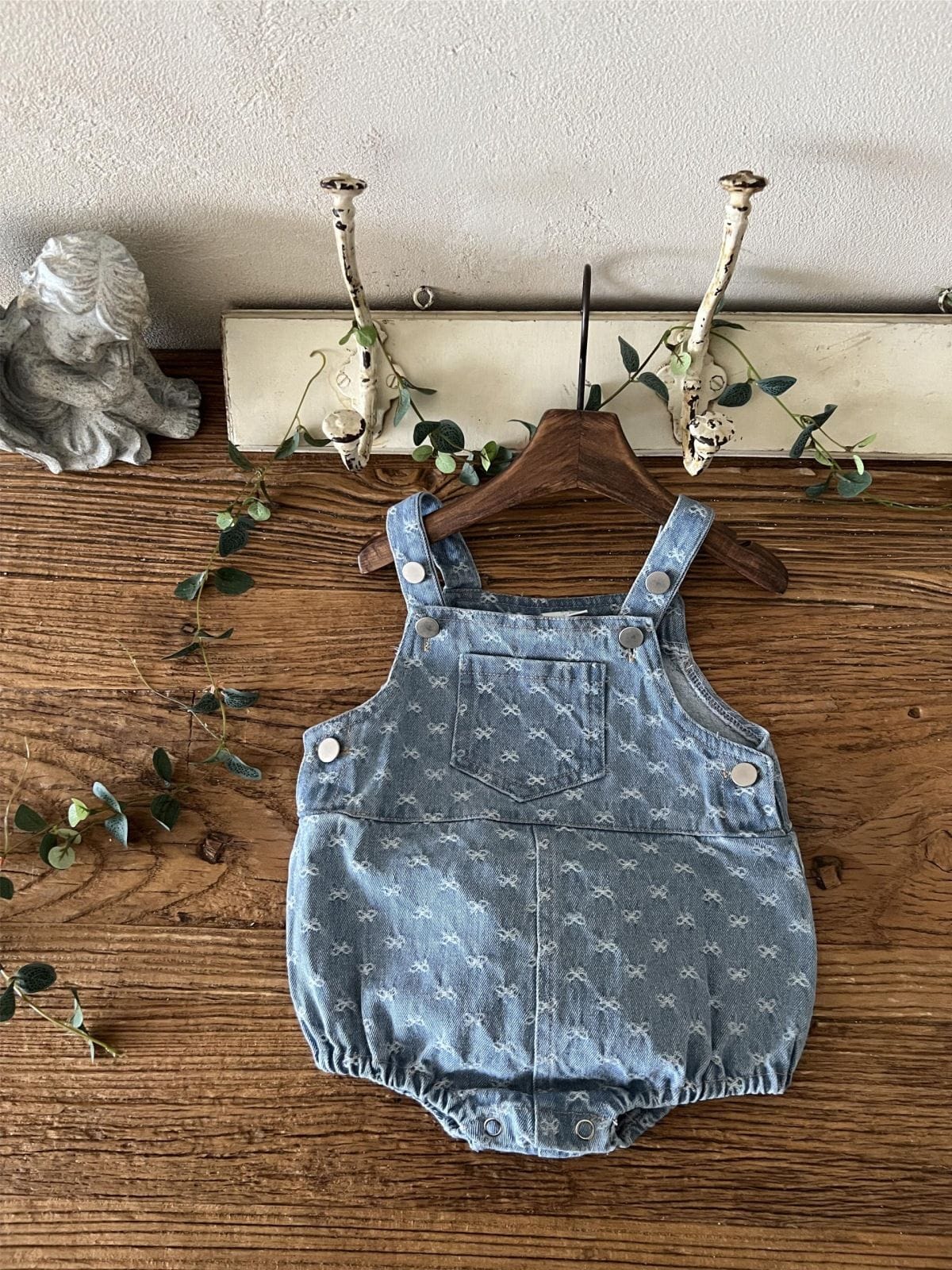 ノースリーブロンパース デニム サロペット ロンパース ジャガードリボン ポケット【mh0011352】