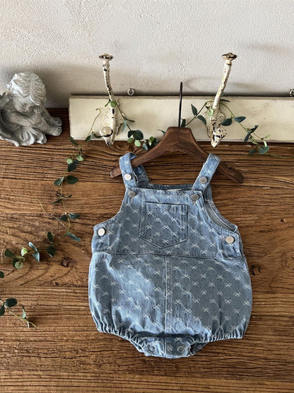 ノースリーブロンパース デニム サロペット ロンパース ジャガードリボン ポケット【mh0011352】